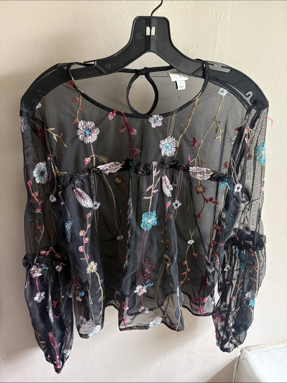a new day Black Sheer Floral Embroidered Peasant Blouse